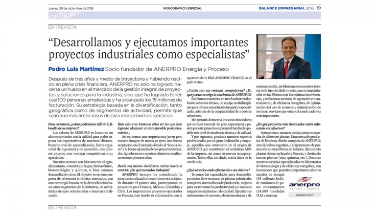 Anerpro empresa destacada en el Balance Empresarial 2016 de El Mundo